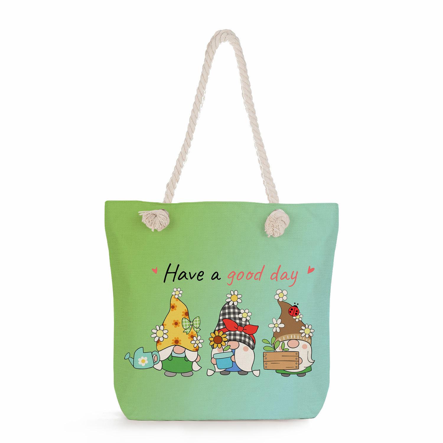 Dwarf Elf Flower print thick rope single-shoulder beach bag  7321