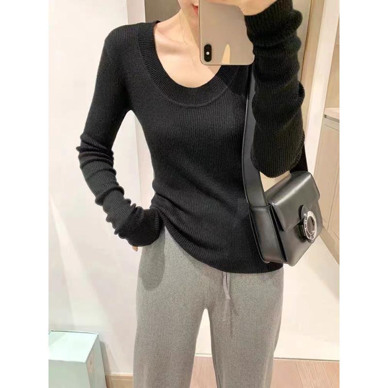 Autumn Winter Knitwear Pullover Long Sleeves U-neck Low Collarbone Solid Knitted Sweater Lady Thin Outerwear Korean Slim Fit Base Pullovers Women