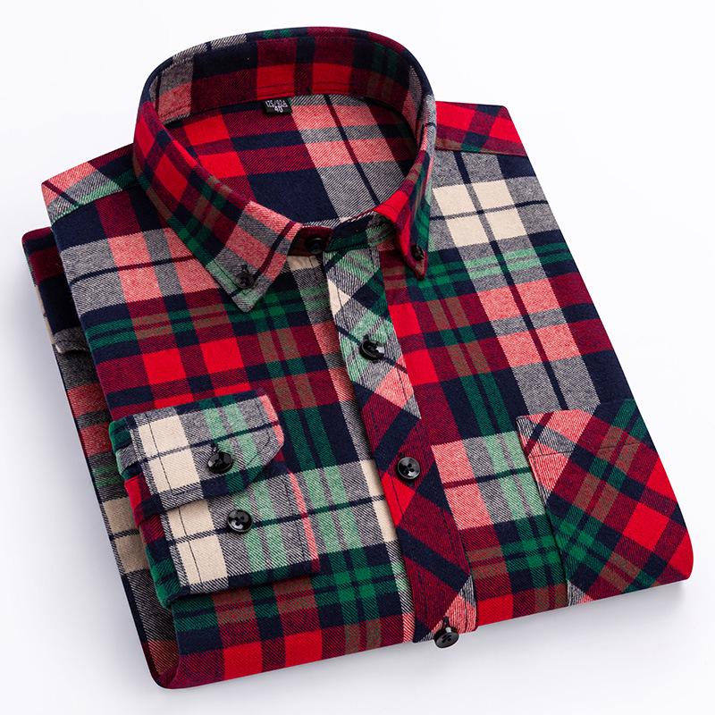 Men's Plus Size Pure Cotton Brushed Plaid Long Sleeve Shirt - Business Casual & Breathable