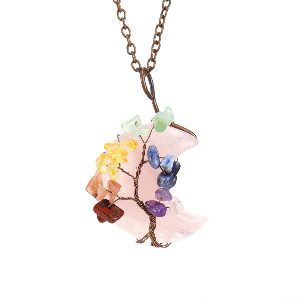 Vintage Handmade Winding Gravel Crystal Tree Of Life Natural Stone Moon Pendant N692