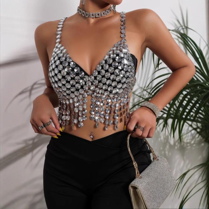 Women Acrylic Crystal Tassels Body Chain Sparkling Body Jewelry Backless Crop Tanks Top for Music Festival Party Outfit