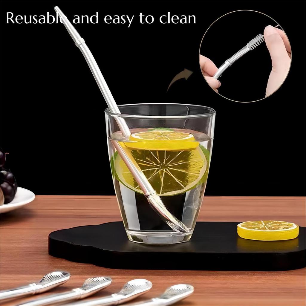 Metal Straw Stirring Spoons for Drinking, 304 Stainless Steel Reusable Tea Cocktail Filter With Brush Kitchen Bar Utensil
