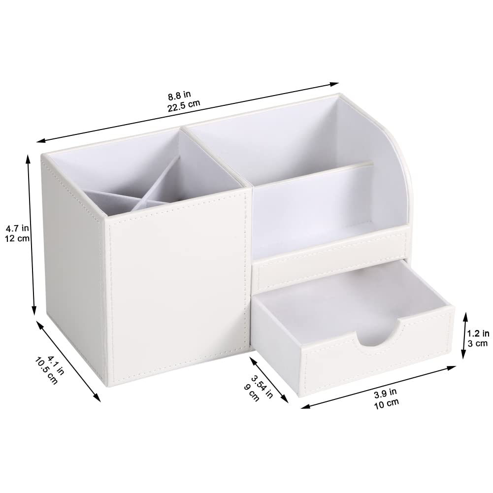 KINGFOM Organizér na psací potřeby na stůl z PU kůže s úložným prostorem na dálkové ovládání a malým zásuvkovým boxem, Stojan na pera/tužky, Držák, (Bílý)