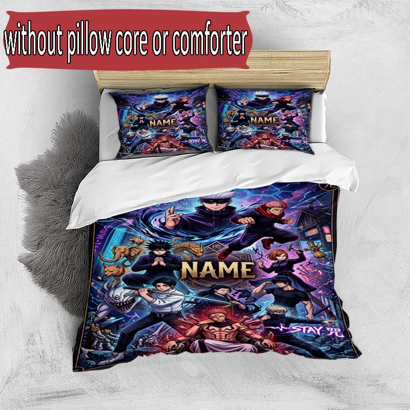 3pcs Duvet Cover Set (1*Duvet Cover + 2*Pillowcase, Without Core), Custom Name Demon Slayer Anime Pattern Bedding Set, Home Bedroom Decor Gift