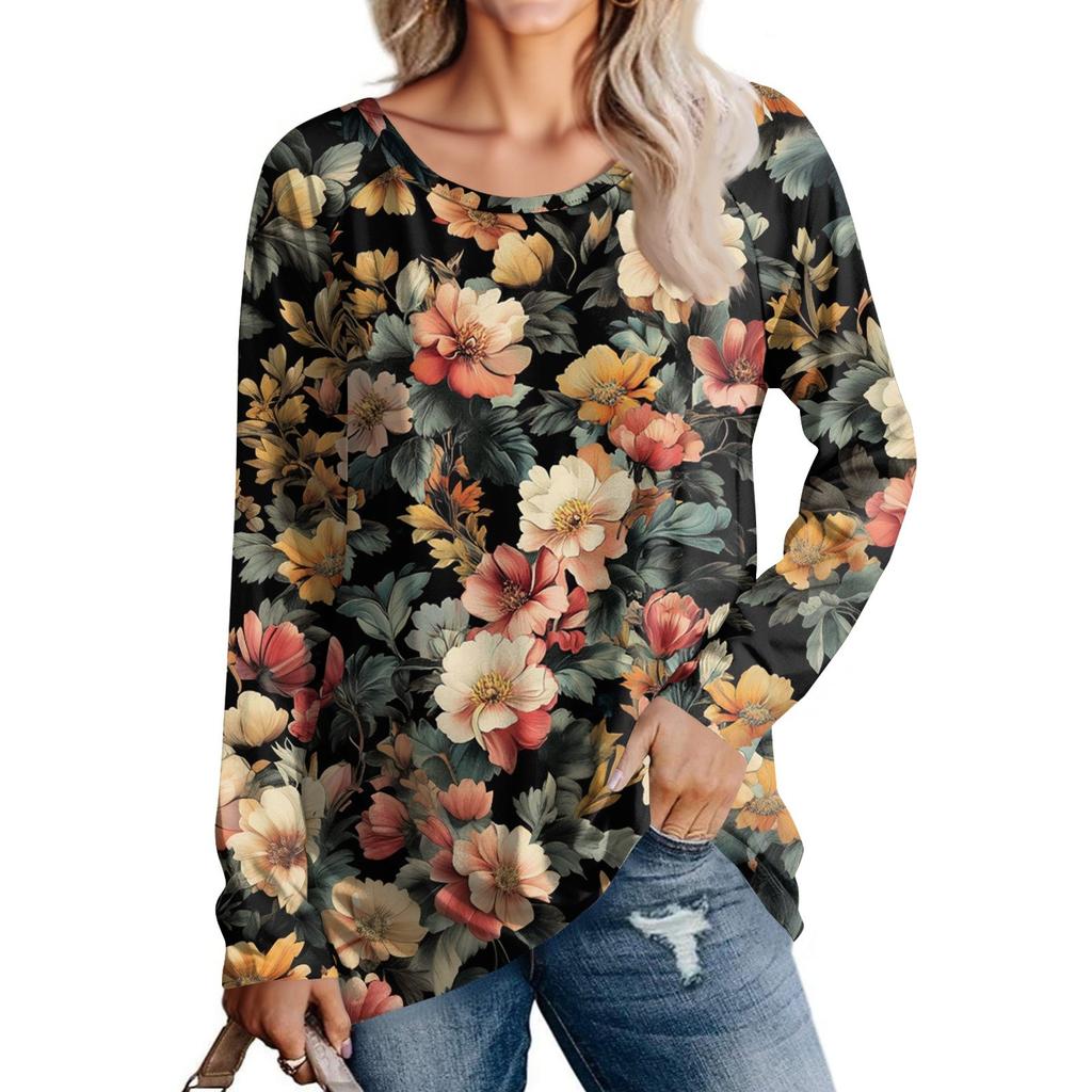 Women's Fashion Casual Long Sleeve  Print Round Neck Pullover Top Blouse