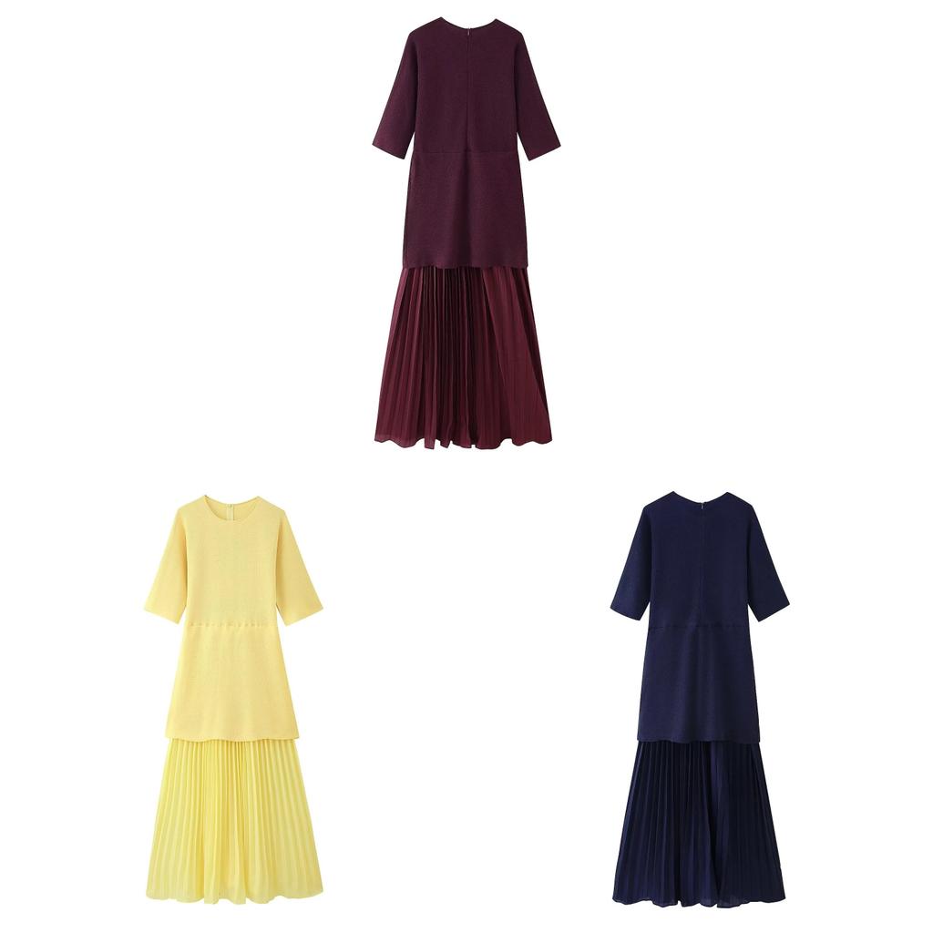 Elegant Polyester Spliced Short Sleeve Dress For Women With Round Neck For Spring