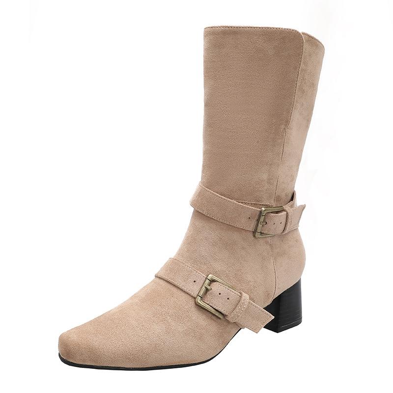 Höst och vinter bältesspänne två bär mediumstövlar mocka tjock klack läderstövlar fyrkantig tå tunna stövlar medelhög klack Martin boots