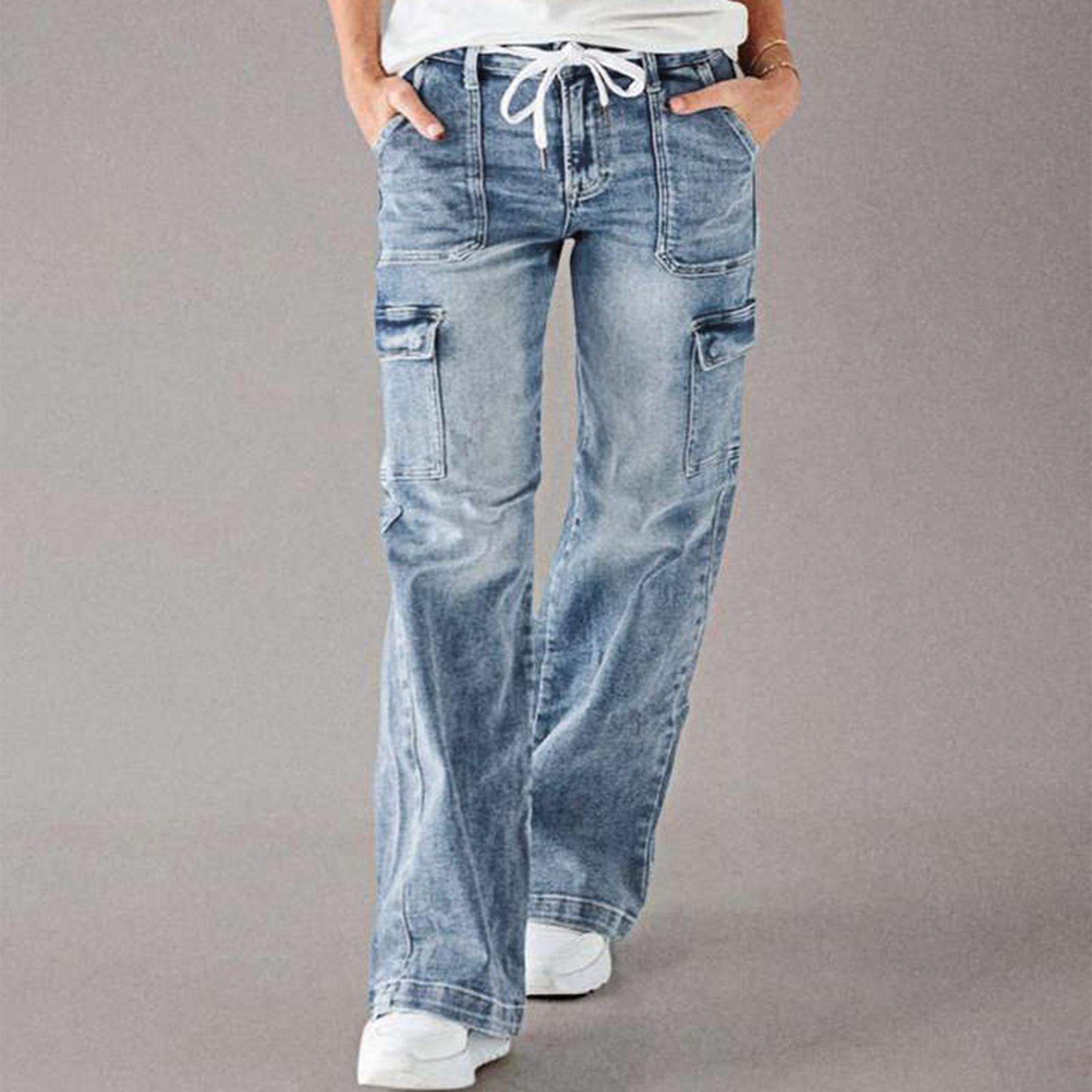 

Women s High Waist Washed Women s Jeans Fashionable Versatile Straight Leg Pants L синий