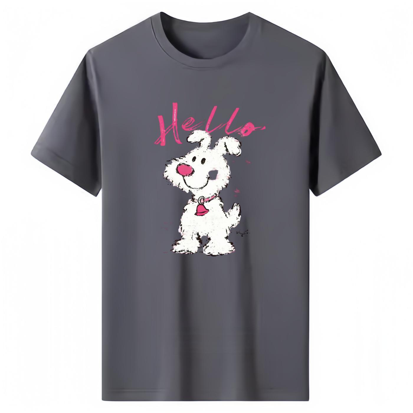 

Adult and Childrens Healing Small White Dog Hello Fun Letters Multicolor Pure Cotton Tshirt Couple and Parentchild Style 4XL