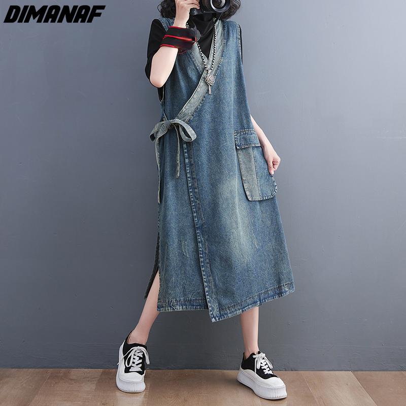 DIMANAF letná móda nadmernej veľkosti Ženy bez rukávov Elegantná dáma Dlhá vesta Šaty s opaskom Voľné oblečenie Modré džínsové šaty nadmernej veľkosti