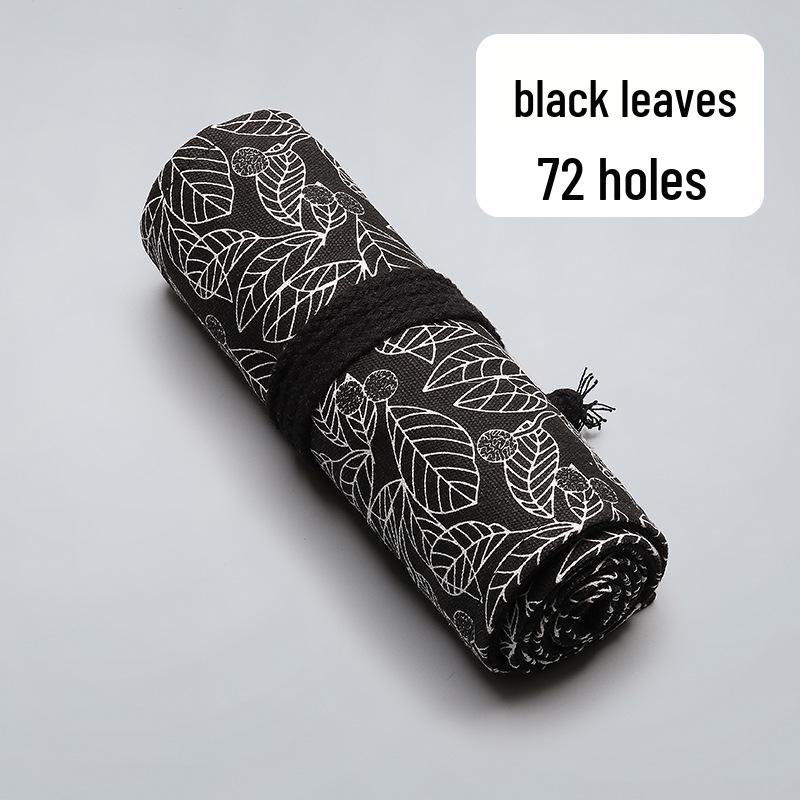 Large Capacity Roll-Up Canvas Pencil Case - Black Leaf, 12-72 Slots for Colored Pencils and Sketching Supplies