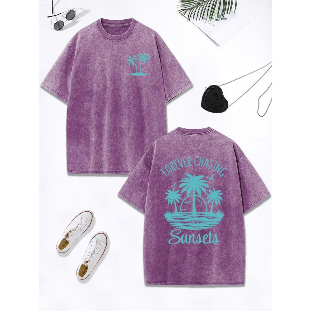 Für immer Sonnenuntergängen hinterherjagen Stranddrucke Gewaschenes T-Shirt Damen Baumwolle Oversize Oberteile Street Retro O-Ausschnitt T-Shirt Kleidung