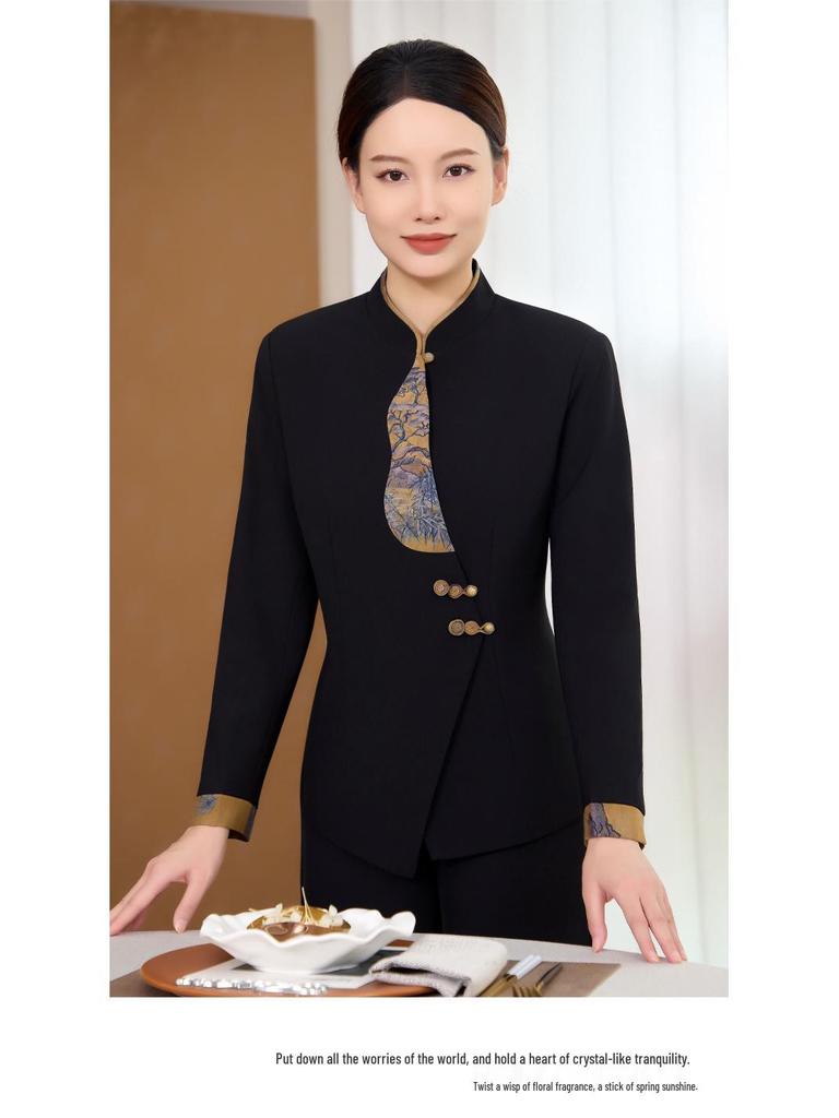 Chinese Restaurant Waiter Uniform - Long Sleeve for Autumn/Winter, Ideal for Hotel and Hot Pot Restaurants Front Desk Staff.