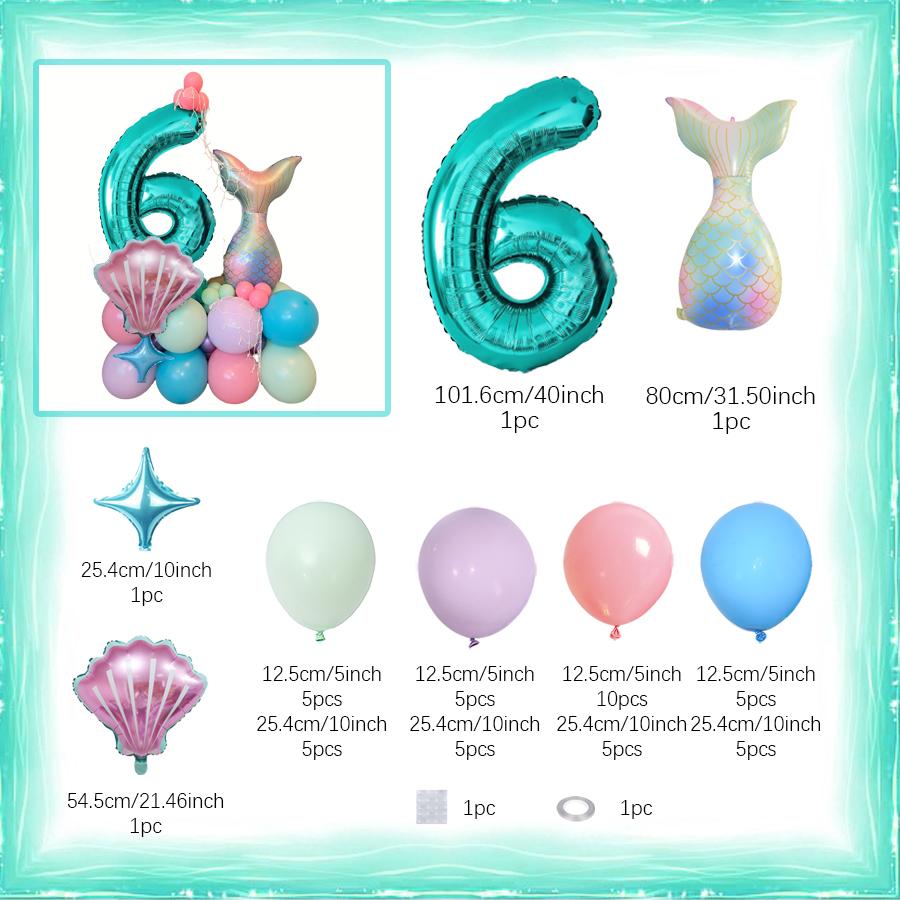 Mermaid Shell Themed Balloon Set with Numbers 1-9th Blue Purple Pink Latex Foil Balloons for Girl Princess Birthday Party Decor