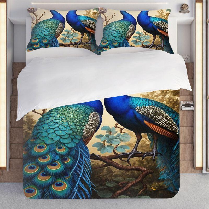 Spring And Summer Theme Pillowcase Quilt Cover 3Pcs Bedding Blue Peacock Pattern Suitable For Bedroom Hotel Dormitory Decoration