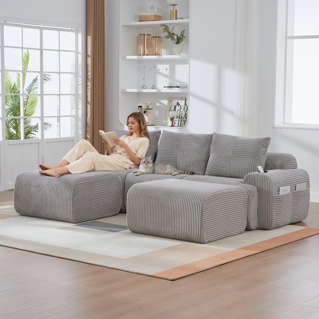 Modular Corduroy Sofa for 3 People (with 2 Stools), Freely Combinable, Including Drink Holder and Storage Pocket, Ideal for Living Room. Light Gray