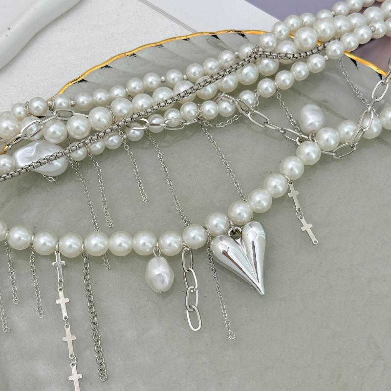 Elegant Multilayer Imitation Pearl Choker Necklace For Women Vintage Creative Tassel Pendant Necklace Wedding Jewelry