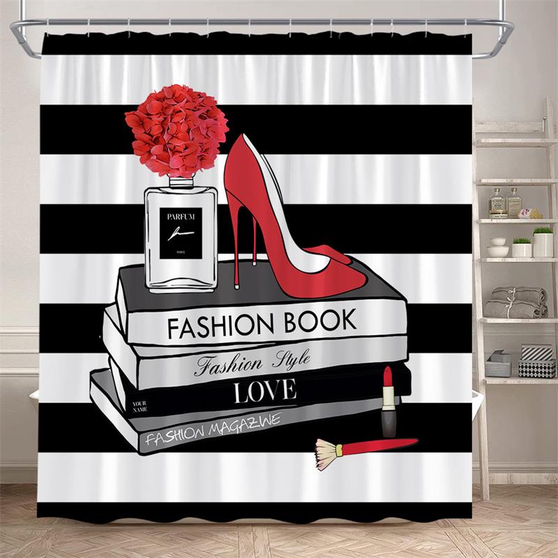 Floral Perfume Shower Curtains Pink Flower Butterfly Red High Heel Black White Stripe Fashion bath Curtain Fabric Bathroom Decor