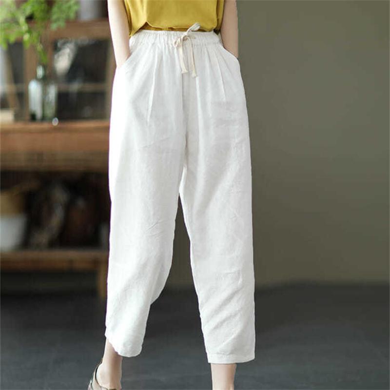 Harajuku Summer High Waist Elastic Women's Cotton Linen Wide Leg Capris Pants for Women Baggy Harem Pants Woman Trousers