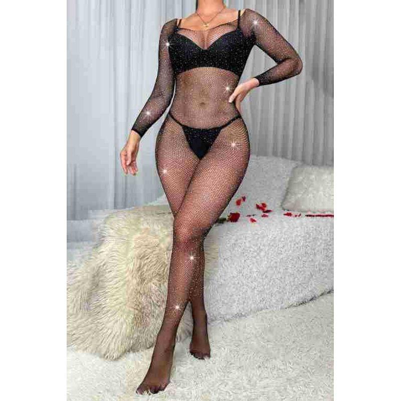 European and American Foreign Trade Hot Drilling Sexy Underwear Open Crotch Free off One-Piece Nightclub Rhinestone Fishnet Clothes