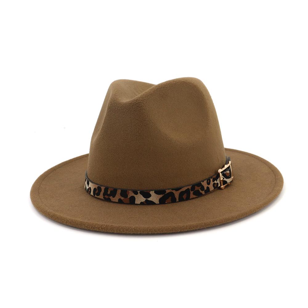 19 Color Women'S Wide Brim Felt Fedora Panama Hat With Leopard Belt Buckle Party Trilby Cowboy Hat Fashion Jazz Cap