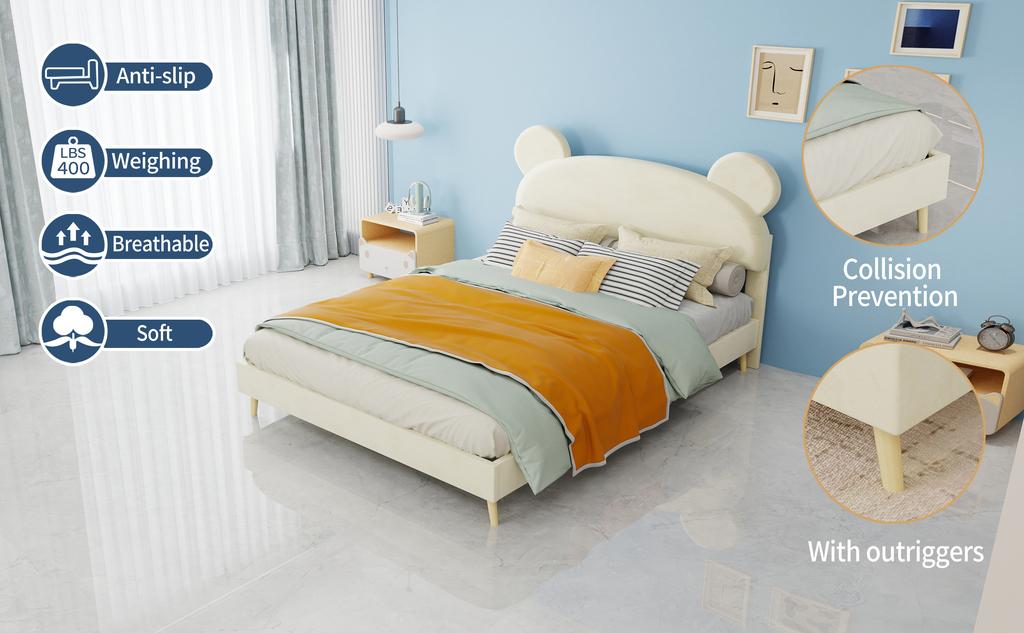 Modern Minimalist Upholstered Bed with Plush Cartoon-Themed Headboard, 140*200 cm, Beige, Multifunctional Bedroom Furniture, Low-Profile Solid Base