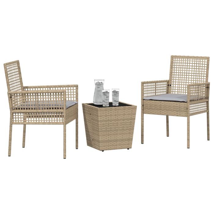 Ensemble de Bistro de Jardin 3 Pièces avec Coussins Beige en Poly Rattan 3334958