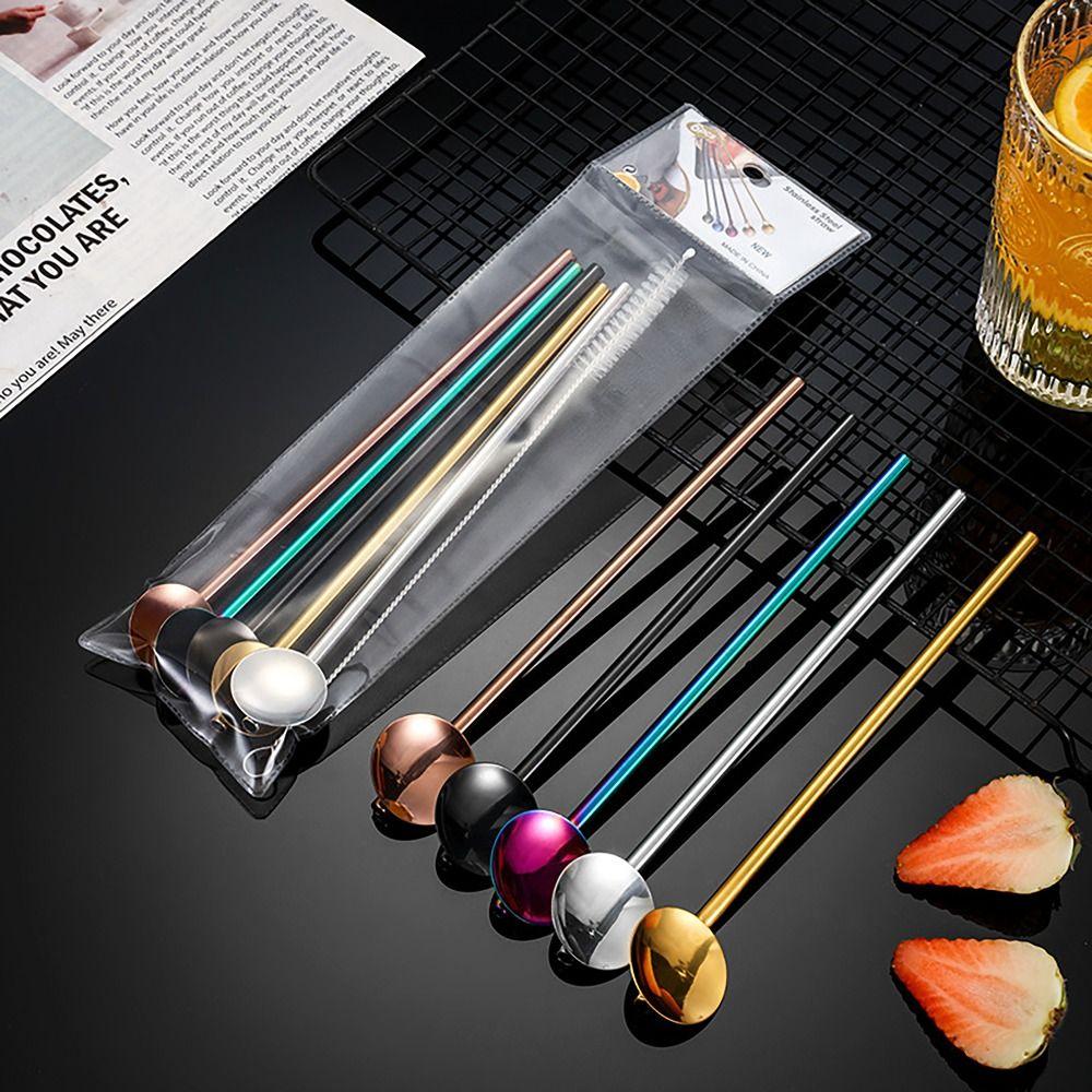 

6pcs/bag Long Handle Drinking Straws Spoon Tableware Stirring Spoon for Kitchen & Bar