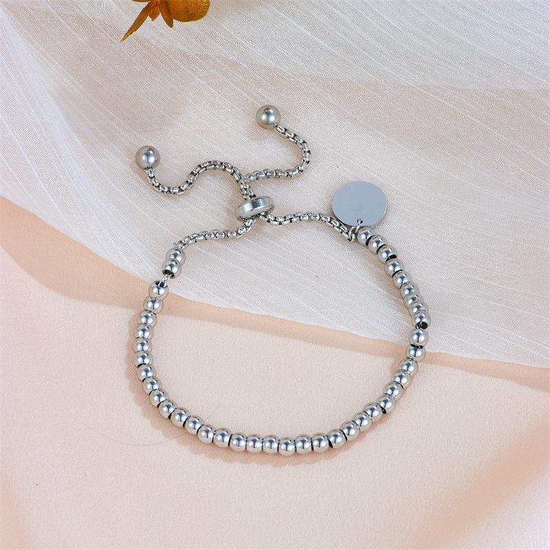 Stainless Steel Adjustable Beaded Bracelet with Personalized Engravable Round Pendant for Women