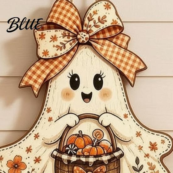 Autumn Porch Hanging Ornament Cute Bow Ghost Sign Rustic Retro Floral Door Sign with Pumpkin Outdoor Fall Entryway Basket Vintage Halloween