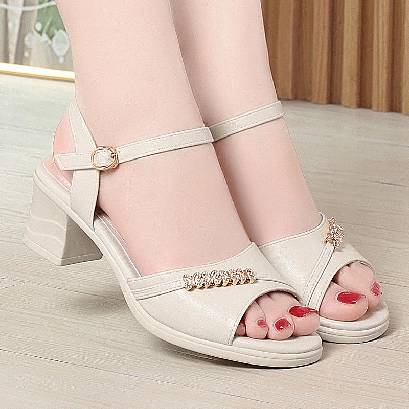 3cm All Match Comfortable Soft Leather Sandals Platform Shoes 2025 Summer Square Heels Sandals for Office Mom Daily