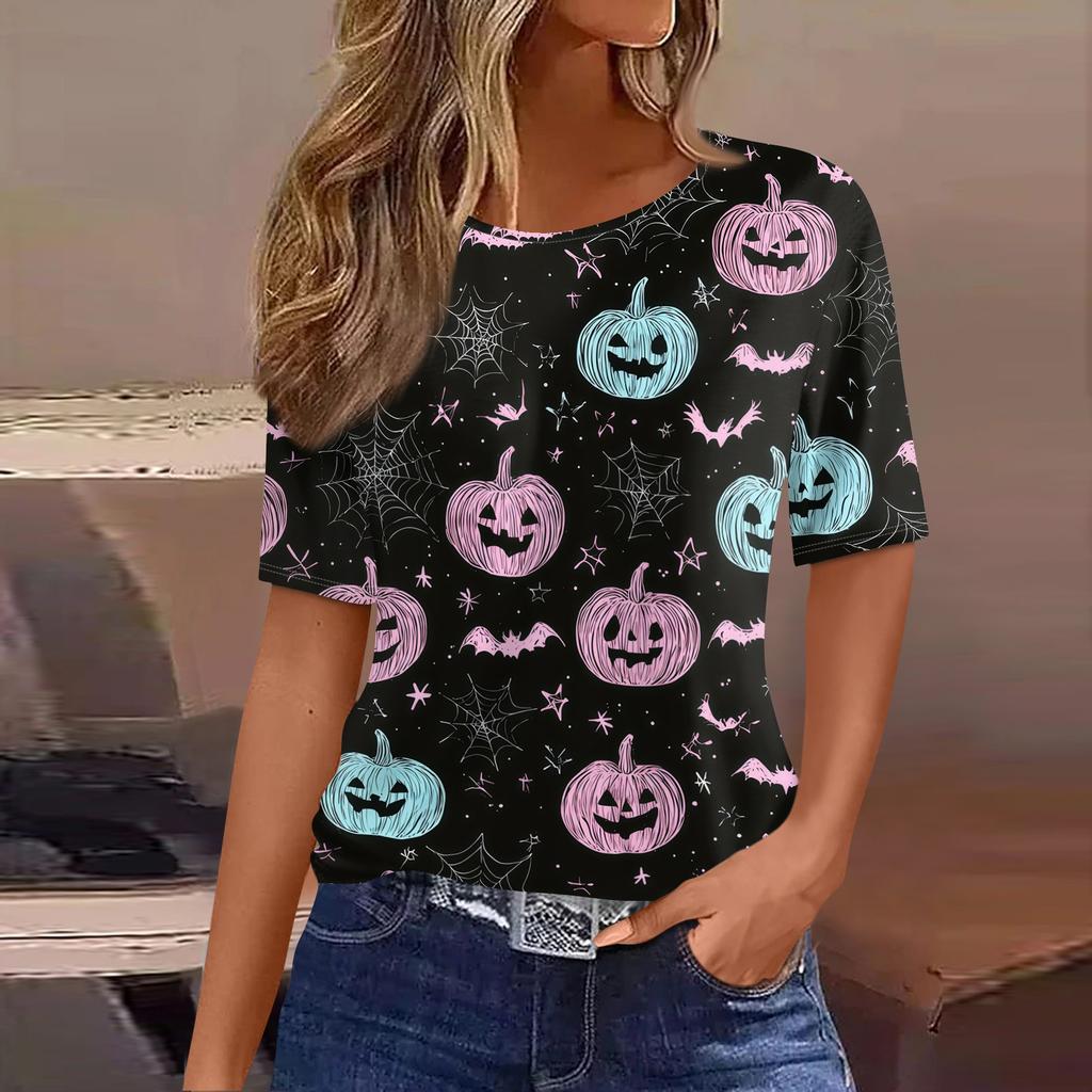 Womens Casual Short Sleeve Pullover Top Halloween Ghost Print Round Neck Relaxed Fit Tee Shirt