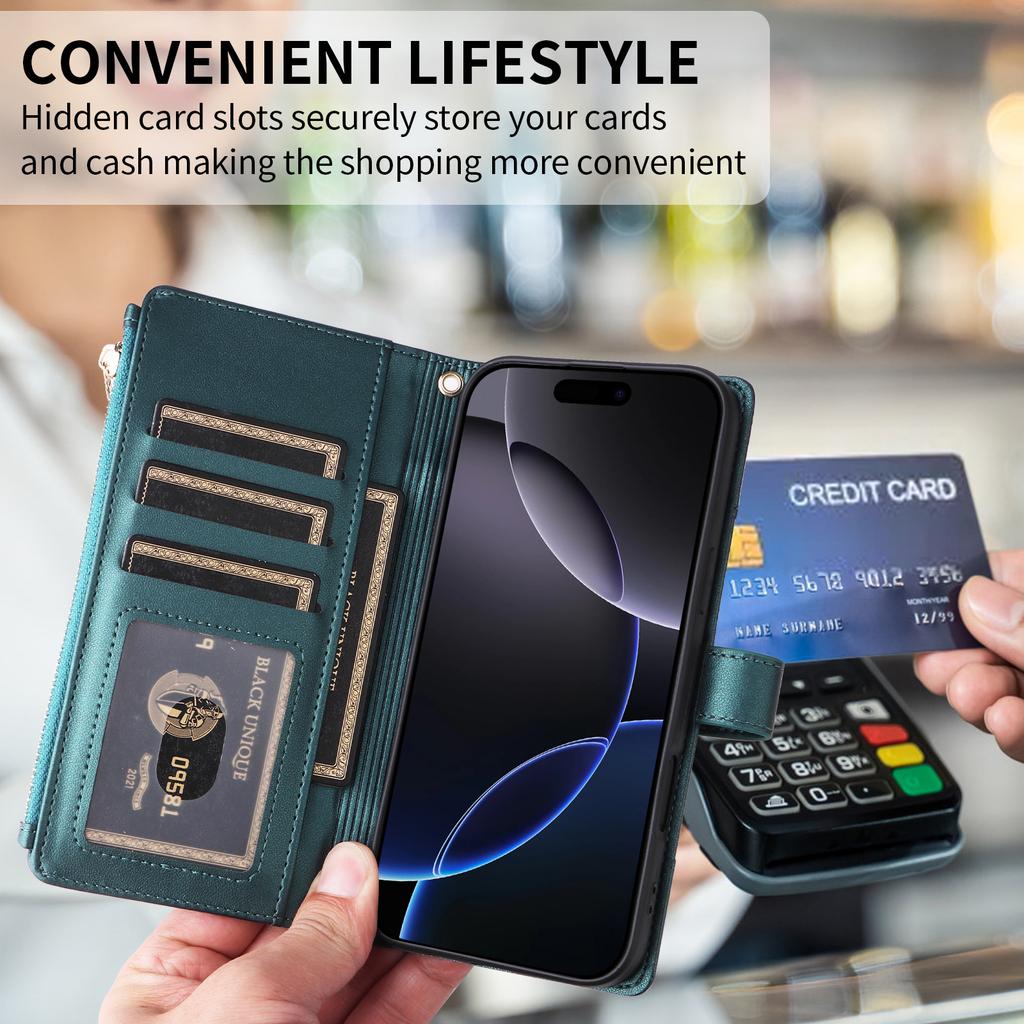 Shoulder Strap Zip Leather Wallet Card Solt Case for iPhone 16 Pro Max 16E 15 Plus 14 13 12 11 Lanyard Flip Purse Holder Cover