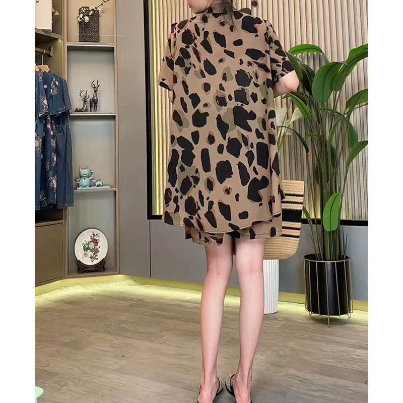 Women Summer Loose Fit Leopard Print Short Sleeve Top and Shorts Set Plus Size Outfit Comfortable Two Piece