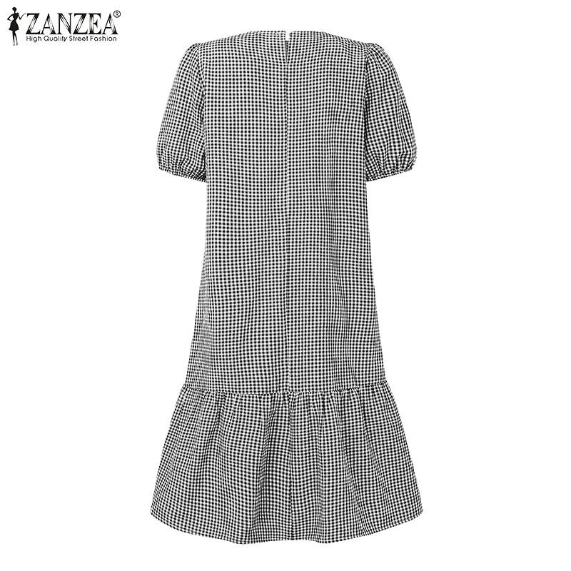 ZANZEA Women Casual Round Neck Grid Print Summer Short Sleeve Dress