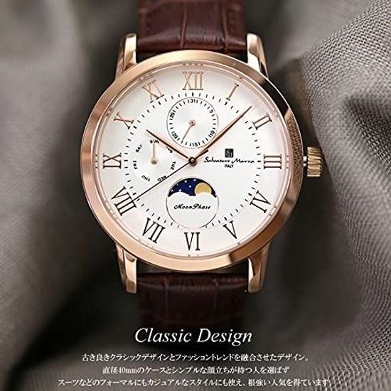 Salvatore Mara Armbanduhr Mondphase Multikalender 5 ATM wasserdicht Business Formal Herren Lederarmband limitiertes Modell Roségold Weiß