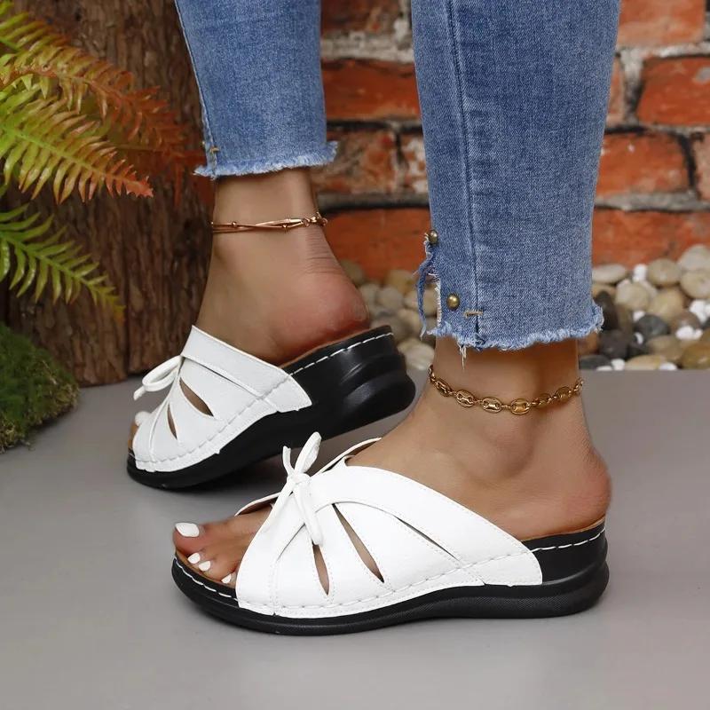 Size 43 Women Wedges Slippers Summer New Peep Toe Butterfly-knot Comfort Platform Wedges Beach Shoes Casual Sandals
