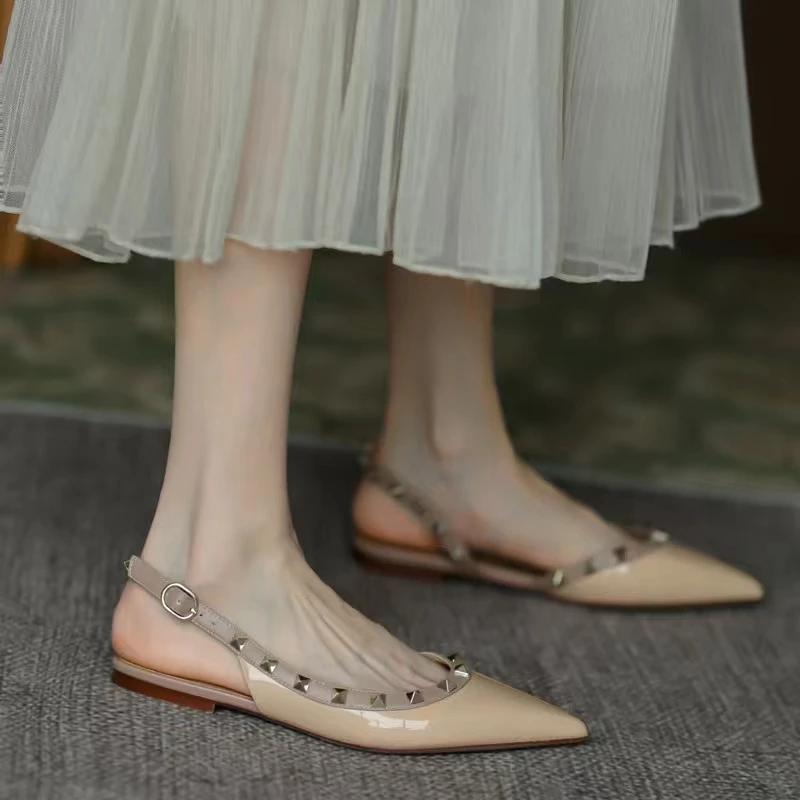 2024 Women Sandals Fashion Studded Pointed Toe Flats Leather Open Toe Sandals Women's Sandals Ladies Flats Shoes Woman Sandalen