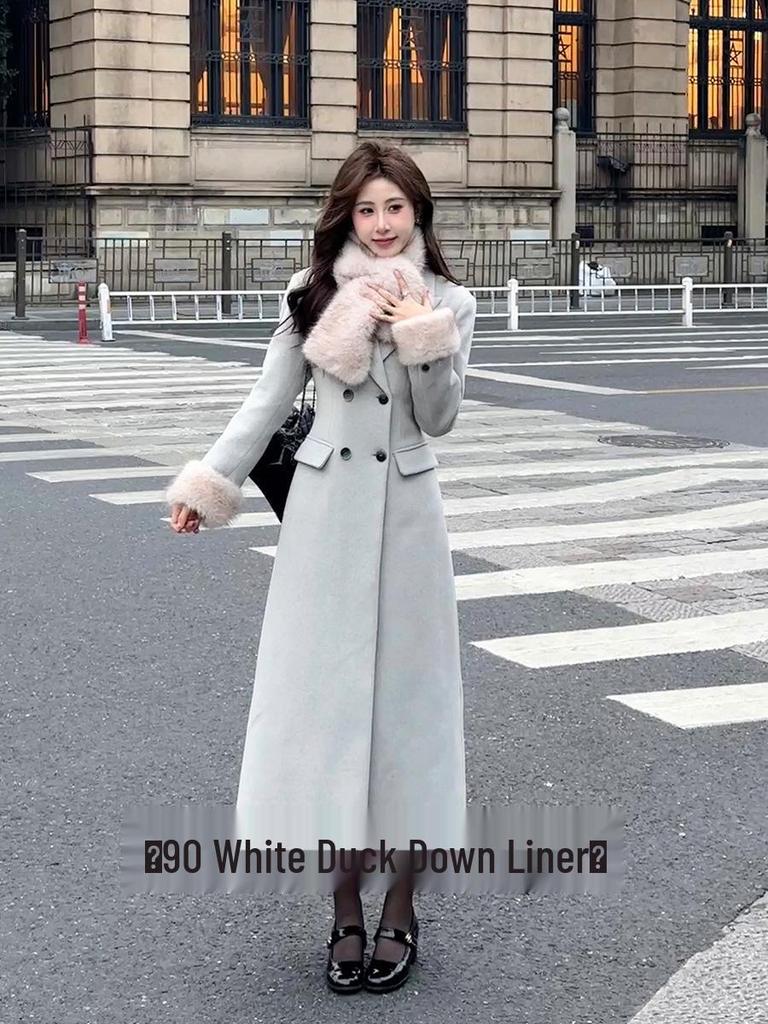 Women's Elegant White Wool Coat - Slimming High-End Winter 2024 Down Liner