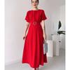 2024 Spring/Summer Pleated Drawstring Women's Maxi Dress - Solid Color Fashion