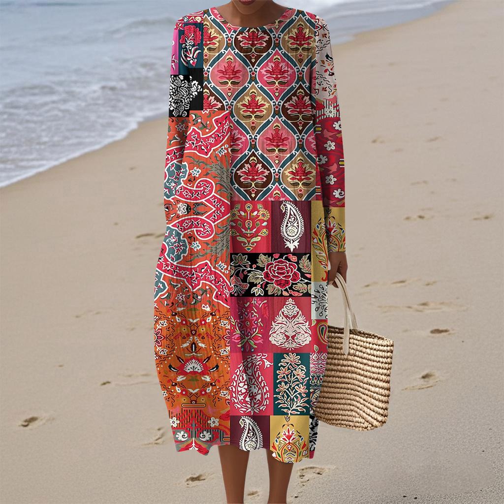 Women's Fashionable Casual Long-Sleeved Round Neck Retro Geometric Print Elegant Dress