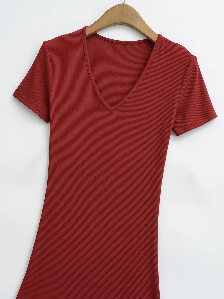 Chic V-neck Slim Fit Short-Sleeve Dress: European & American Style Summer Midi