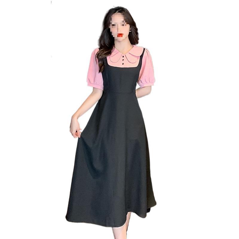French Style Temperament Splicing Button Contrasting Dress Fake Two Pieces Age-reducing Design Waist A-shaped Long Dress Women's Summer