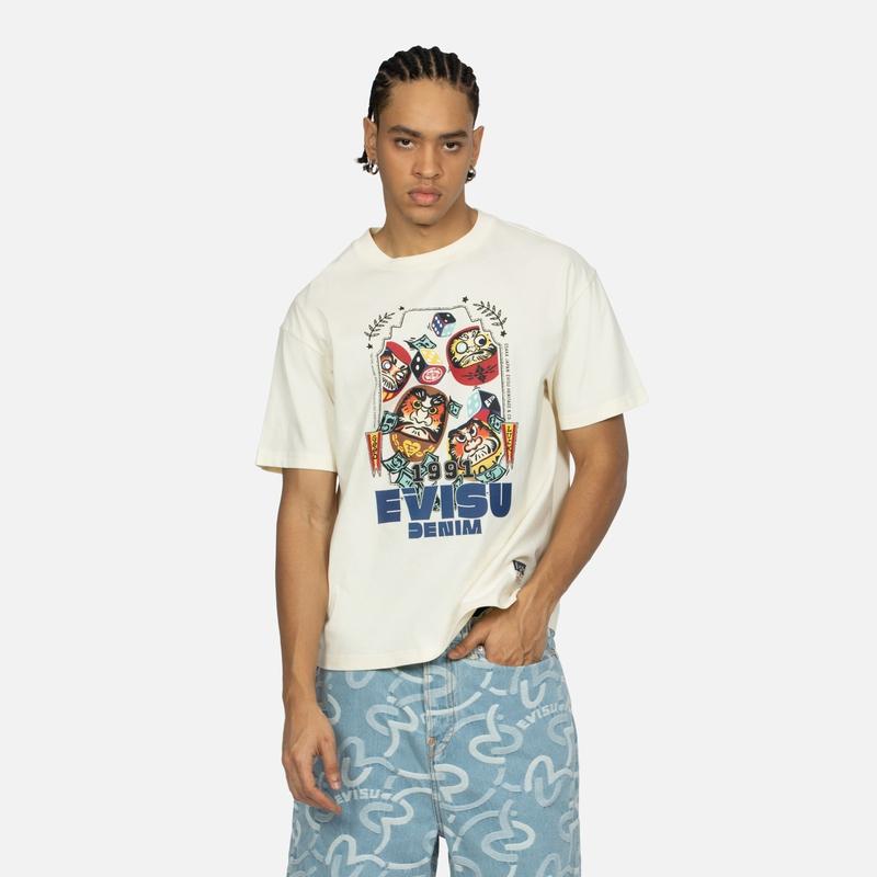 Evisu Daruma And Dice Print Loose Fit Casual Short Sleeve T-Shirt Men Tops 2ESHTM4TS1075RXCT