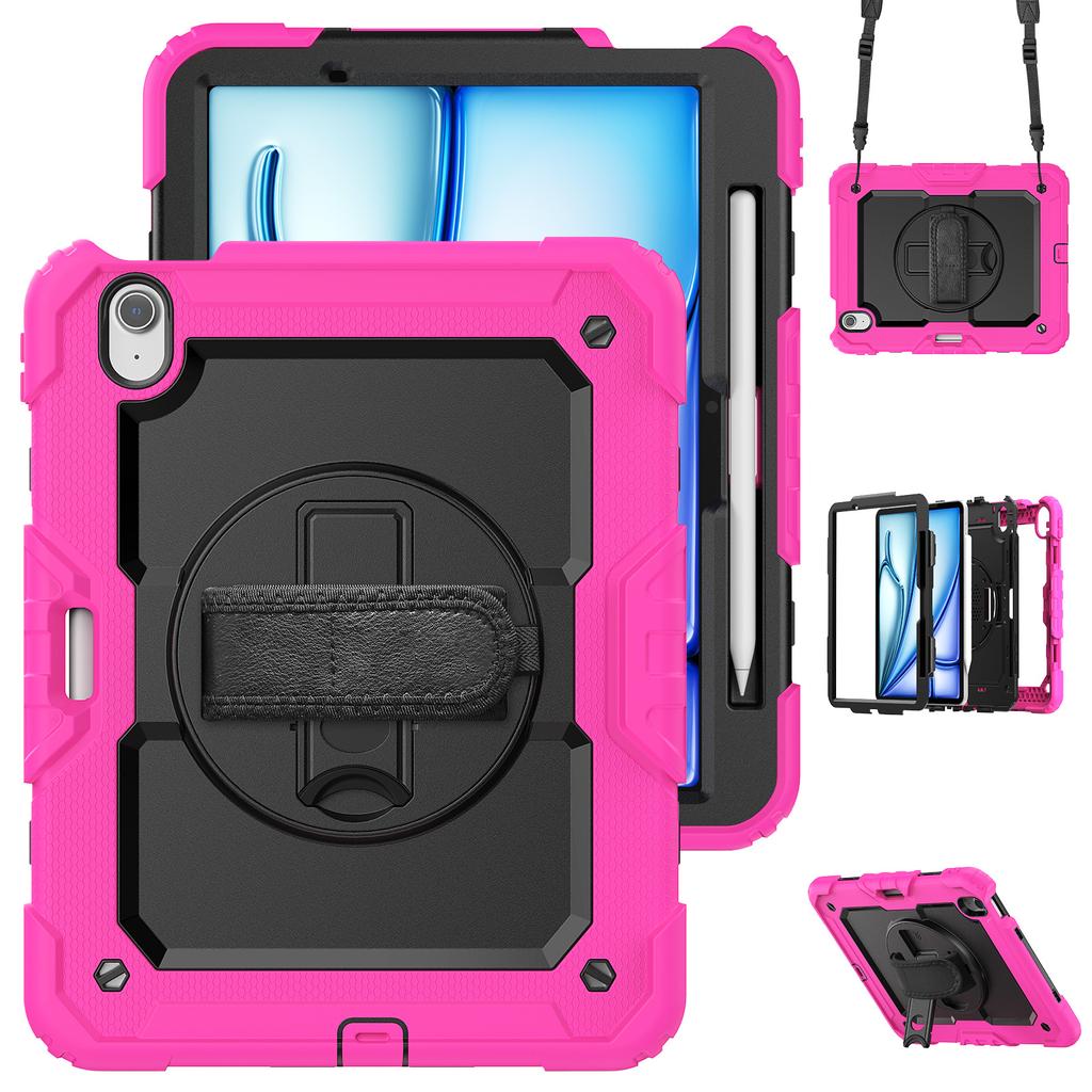 For iPad Air 11 (2025)/(2024) Case Rotating Kickstand PC+Silicone Tablet Cover with Screen Film/Shoulder Strap