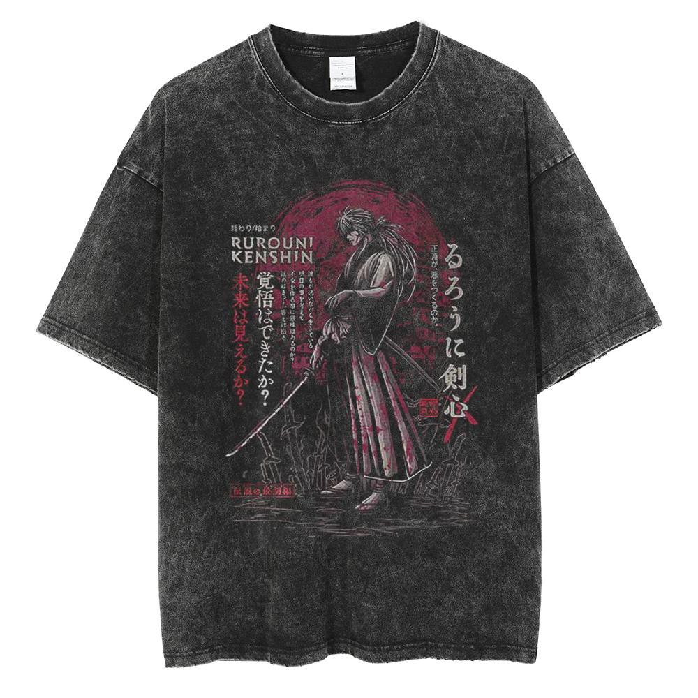 Harajuku Anime Rurouni Kenshin Himura Kenshin Print Tshirt Men Manga Oversized Tshirts Washed Cotton Tee Male Casual T Shirt