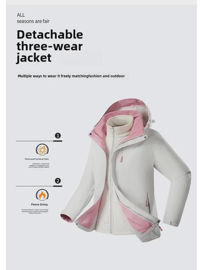 Damen 3-in-1 Winddichte Wasserdichte Jacke mit Plus-Samtfutter, Verdickt für Herbst/Winter, Herren Bergsteigerstil mit Kontrastfarben.