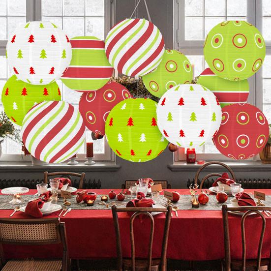 Red And Green Paper Lantern 12 Inches Christmas Hanging Round Lantern for Indoor Outdoor Holiday Ceiling Decor