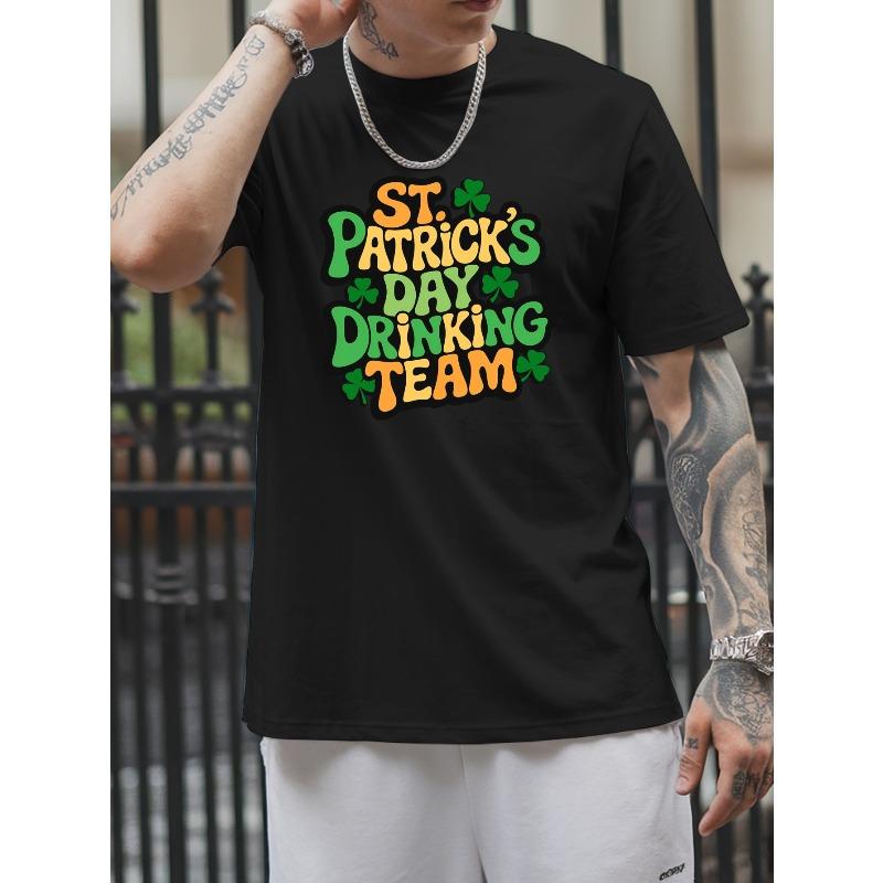 

St Patrick S Day Drinking Team Logo Men s Summer Short-sleeved T-shirts, Fashionable and Trendy Printed Men s Shirts, Spring and Summer Round 4XL чорний
