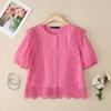 ZANZEA Women Casual Round Neck Patchwork Crochet Loose Short Sleeve Blouse